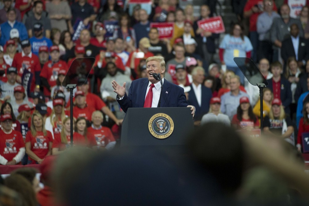 President Donald Trump addresses the crowd at a rally held in the Target Center in downtown Minneapolis on Thursday, Oct. 10, 2019. 