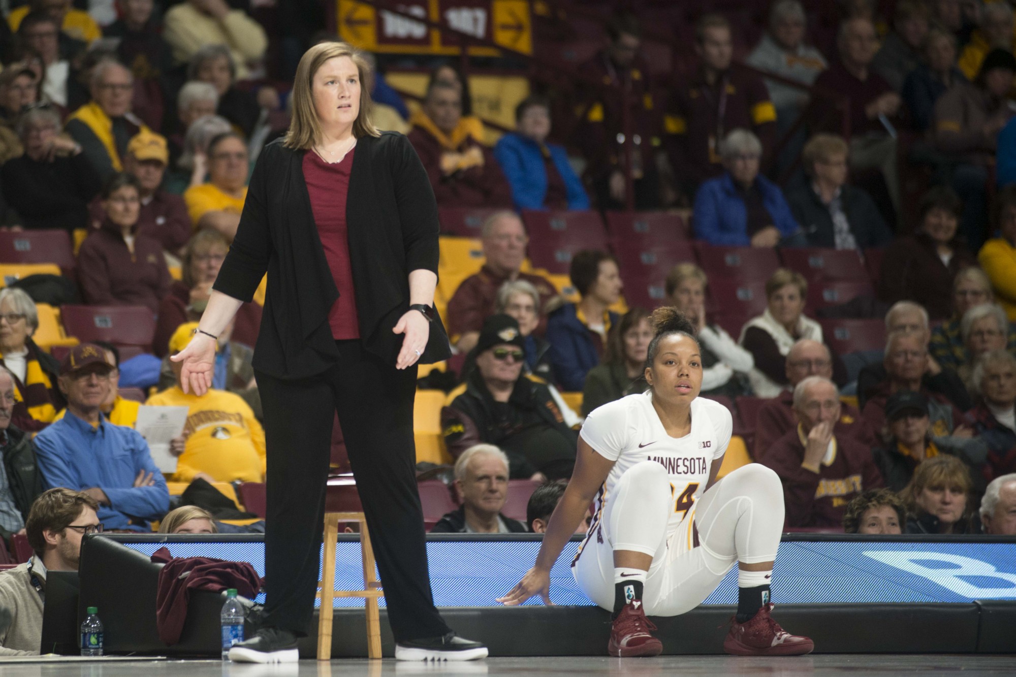 Head coach Lindsay Whalen reacts to a scored point at Williams Arena on Tuesday, Nov. 5, 2019. The Gophers fell to Missouri State 69-77. 