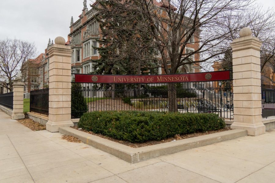 The University of Minnesota campus gates on East Bank, Nov. 12, 2022.