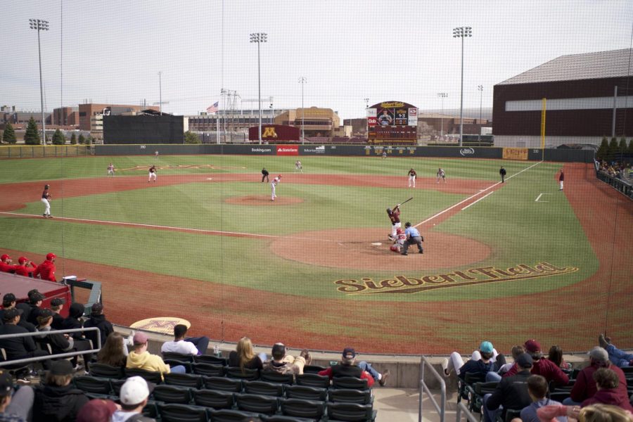 Minnesota takes the plate at Siebert Field in Minneapolis, Minn. in a game against Maryland on Saturday, April 9, 2022. 