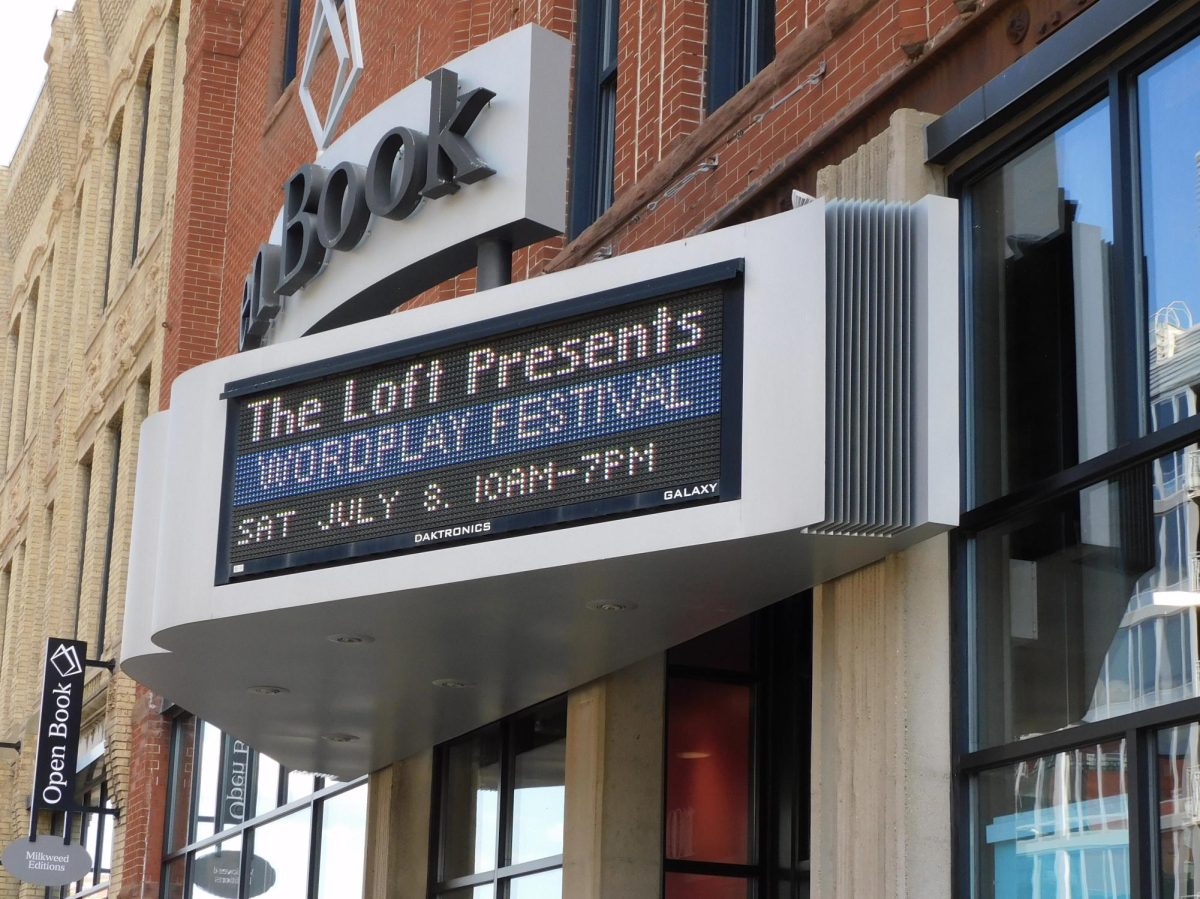 Wordplay announcement outside of the Loft Literary Center on July 8, 2023.