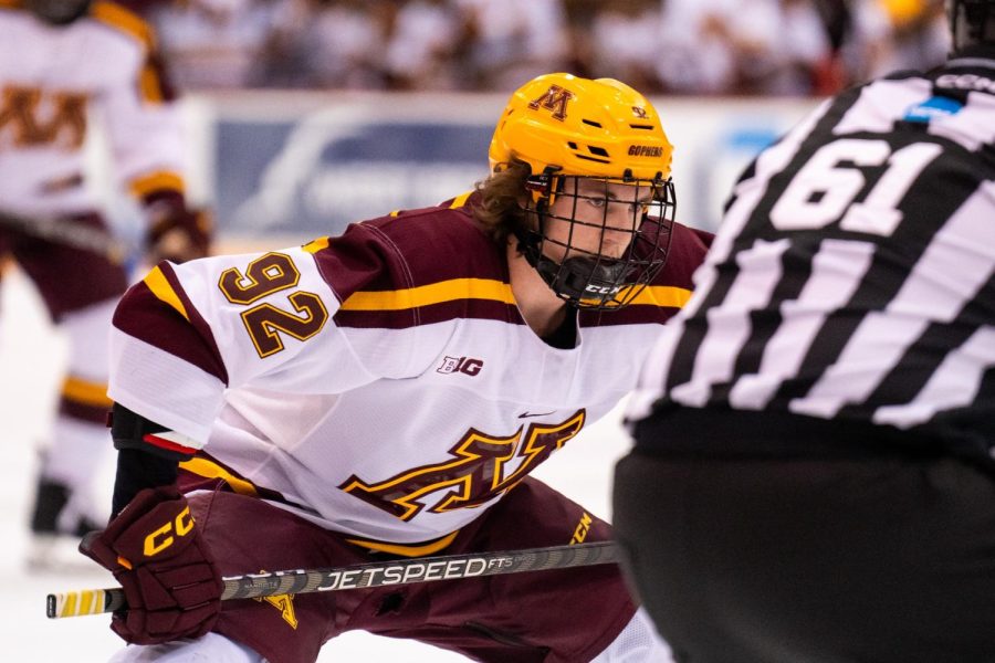 Logan Cooley during the Gophers game against the Michigan Wolverines on Saturday, March 18 in the Big Ten Tournament Championship. Photo courtesy of Gopher Athletics