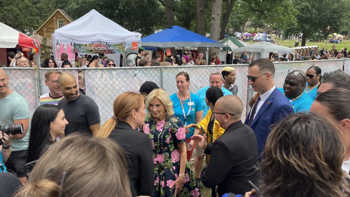 The First Lady made a visit to the 2023 Twin Cities Pride Festival on Saturday. In the yellow is Rep. Ilhan Omar (DFL).