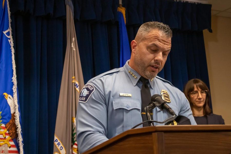 Minneapolis Police Chief Brian O’Hara speaking at a press conference announcing the Department of Justice’s investigation into the Minneapolis Police Department on June 16, 2023.