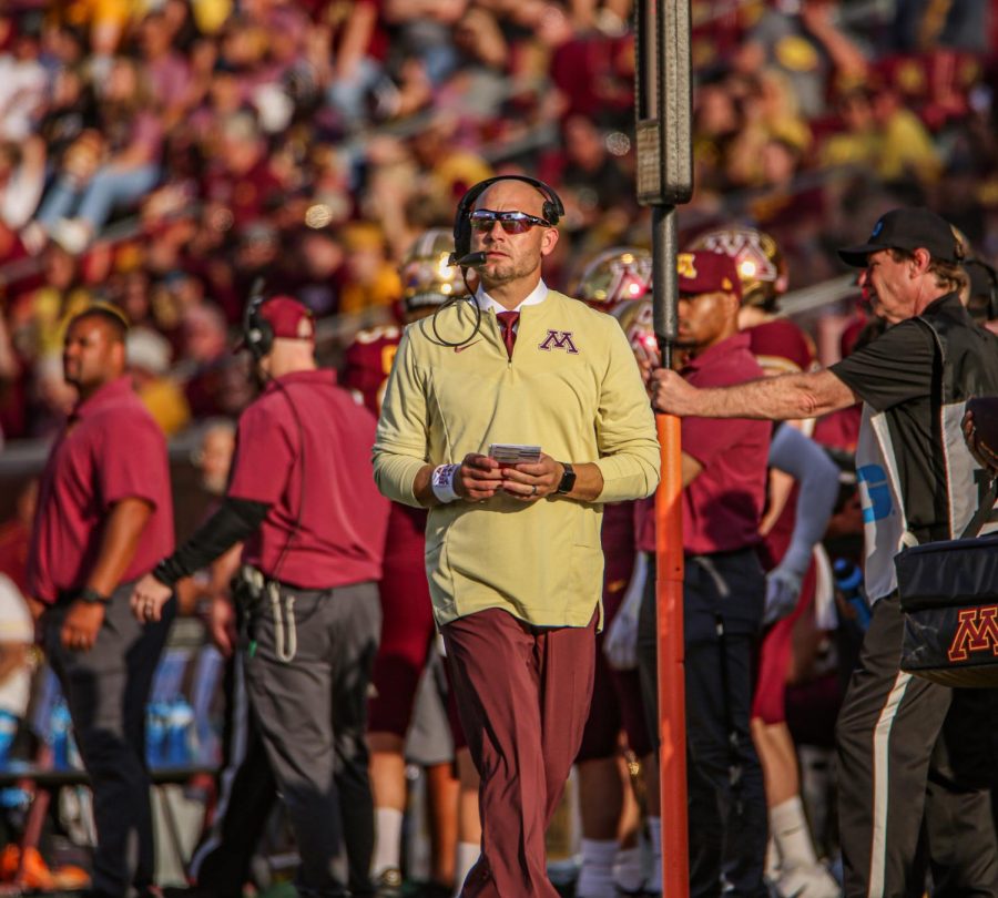 Coach PJ Fleck leads the Gophers to a victory over Colorado, Sept. 17.