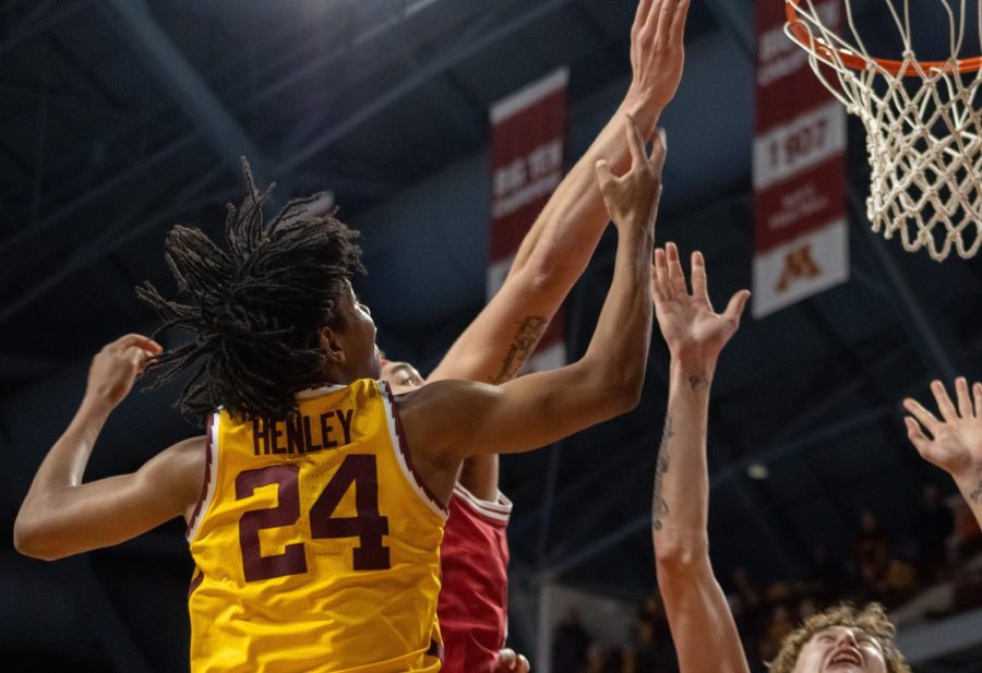 Jaden Henley blocks a shot from Indiana during the game on Wednesday, Jan. 25.