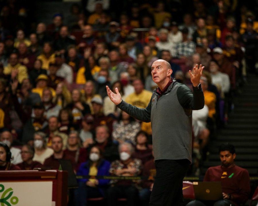 Coach Hugh McCutcheon reacts to a call during Minnesotas game against Ohio State, Oct. 12.