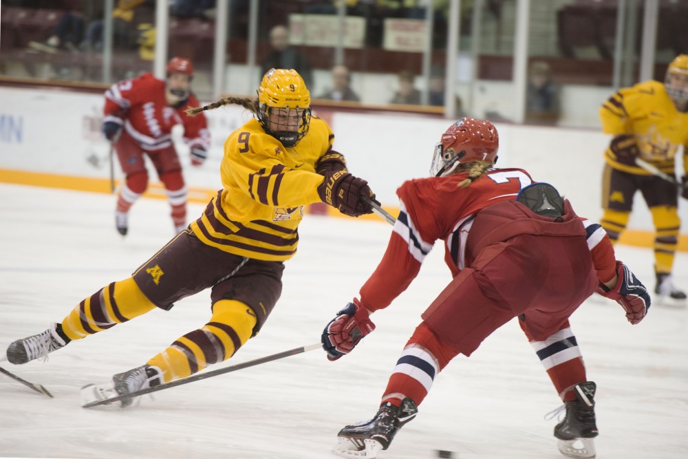 Freshman Taylor Heise goes for the goal on Friday, Dec. 7, 2018, at Ridder Arena. 