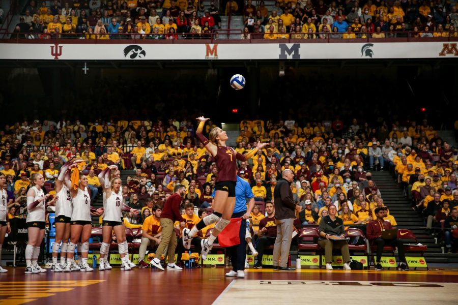 CC Mcgraw serves the ball during the Gophers game against Wisconsin, Sept. 25.