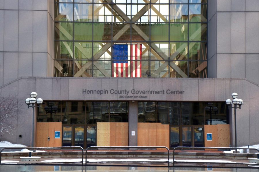 The Hennepin County Government Center, on Sunday, Feb. 28 during the trial of Derek Chauvin, the police officer charged with the murder of George Floyd.